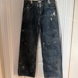 Zara Women's Boyfriend Jeans in Distressed Black with Paint Splatter